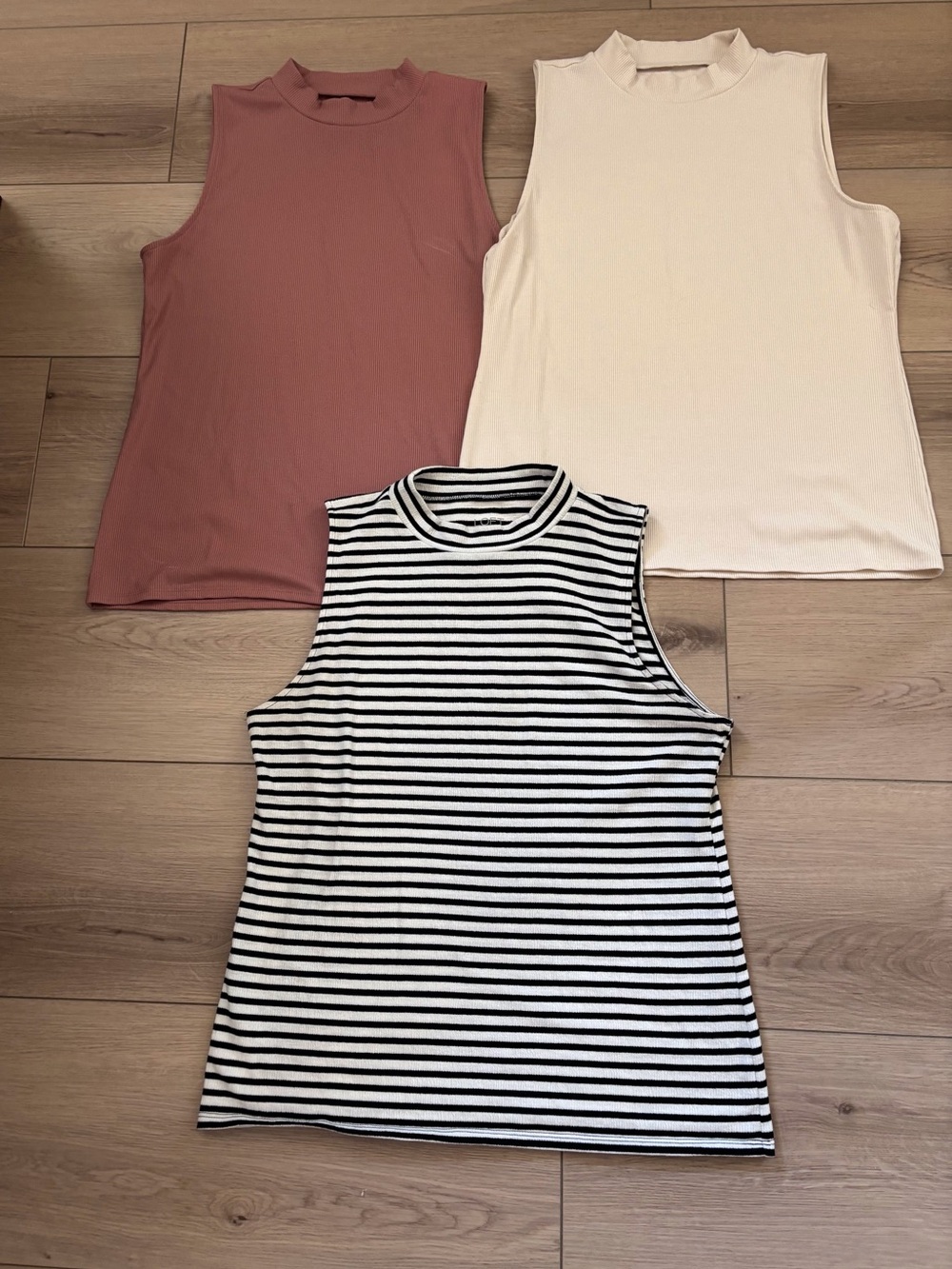 LOFT Three-Pack Mock Neck Tank Tops — Dusty Rose, Cream & Black/White Stripe
